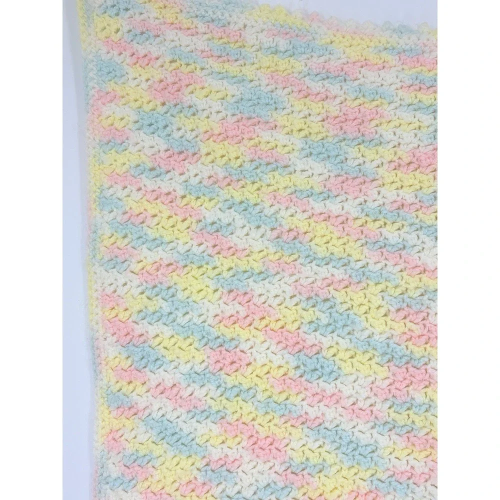 Vintage Pastel Hand Crocheted Soft Knit Baby Blanket Throw Handmade